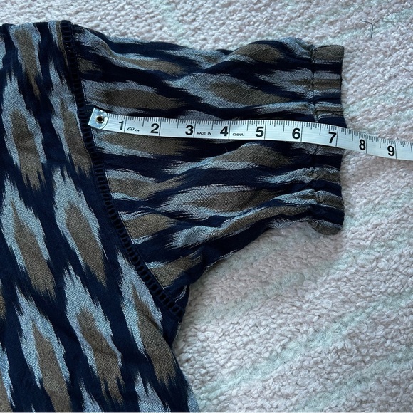 Garnet Hill Navy Tan Ikat Blouse Top 100% Cotton Puff Sleeve Size Small Fall - Picture 11 of 12
